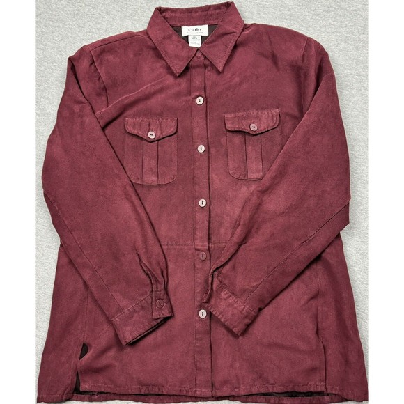 Cathy Daniels Button Up Long Sleeve Shirt Womens 14 Polyester Suede Burgundy - Picture 1 of 8